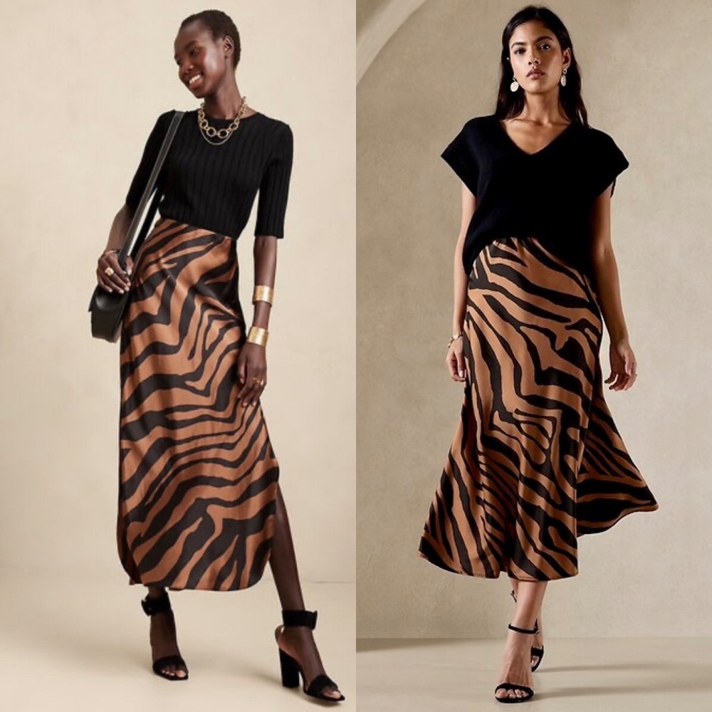 Banana Republic Black and Brown Zebra Print Midi Skirt